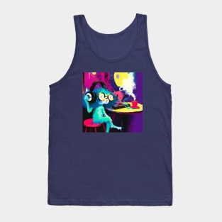 Hip Blue Cat Enjoys Some Music with a Cup of Coffee Tank Top